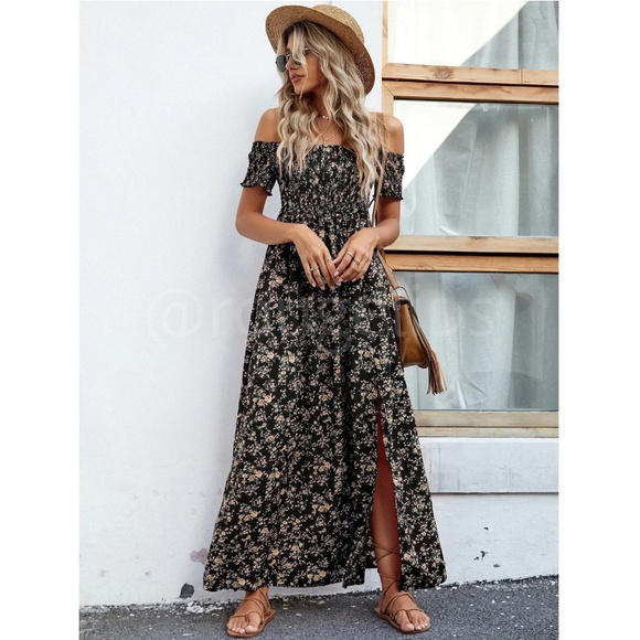 Ditsy Floral Off Shoulder Black Shirred Top Maxi Dress Leg Slit Flowy, Long - Picture 6 of 7
